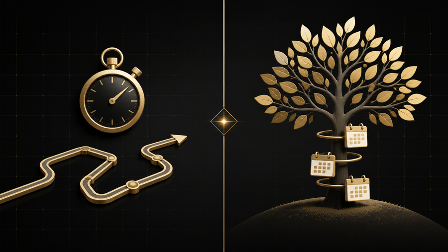 A gold stopwatch and winding path beside a gold tree with calendars, illustrating trading versus long-term investing