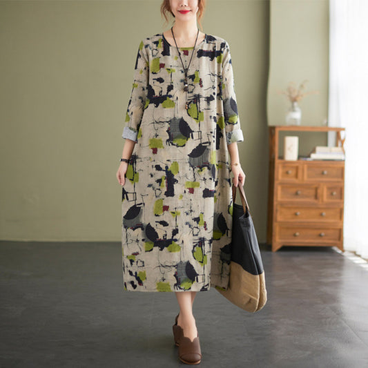 Cotton Linen Vintage Floral Print Dresses For Women