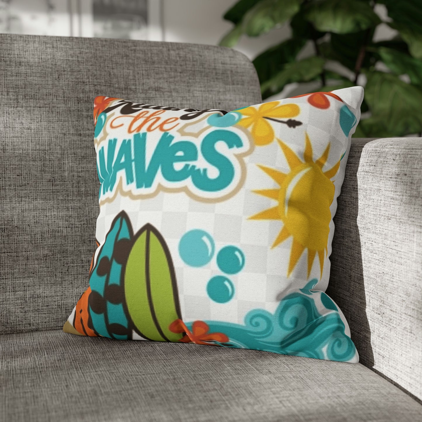 White Riding the wave Polyester Square Pillow | Spun Polyester Square Pillow Case | Surfboard | flower Décor pillow