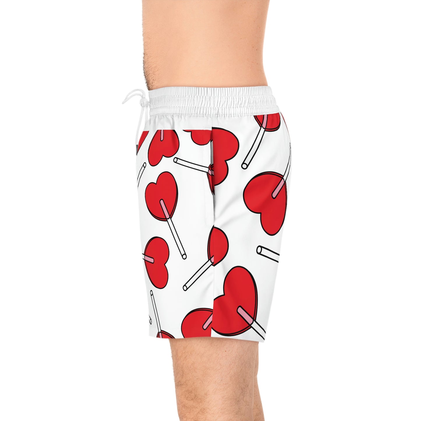 Sweet Swim: Men's Mid-Length Swim Shorts with Heart Lollipop Design