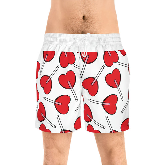 Sweet Swim: Men's Mid-Length Swim Shorts with Heart Lollipop Design