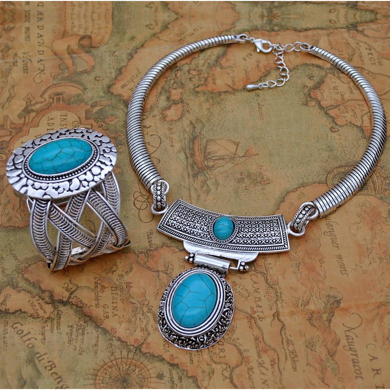 Retro Turquoise Jewelry Ethnic Style Necklace Earrings Ring Bracelet Combination Set