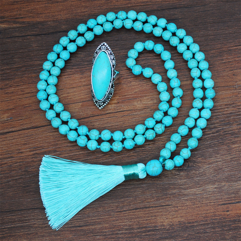 Retro Turquoise Jewelry Ethnic Style Necklace Earrings Ring Bracelet Combination Set