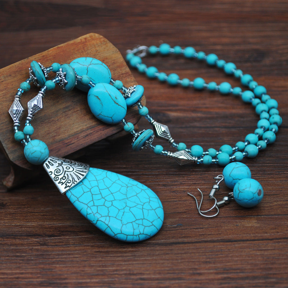 Retro Turquoise Jewelry Ethnic Style Necklace Earrings Ring Bracelet Combination Set