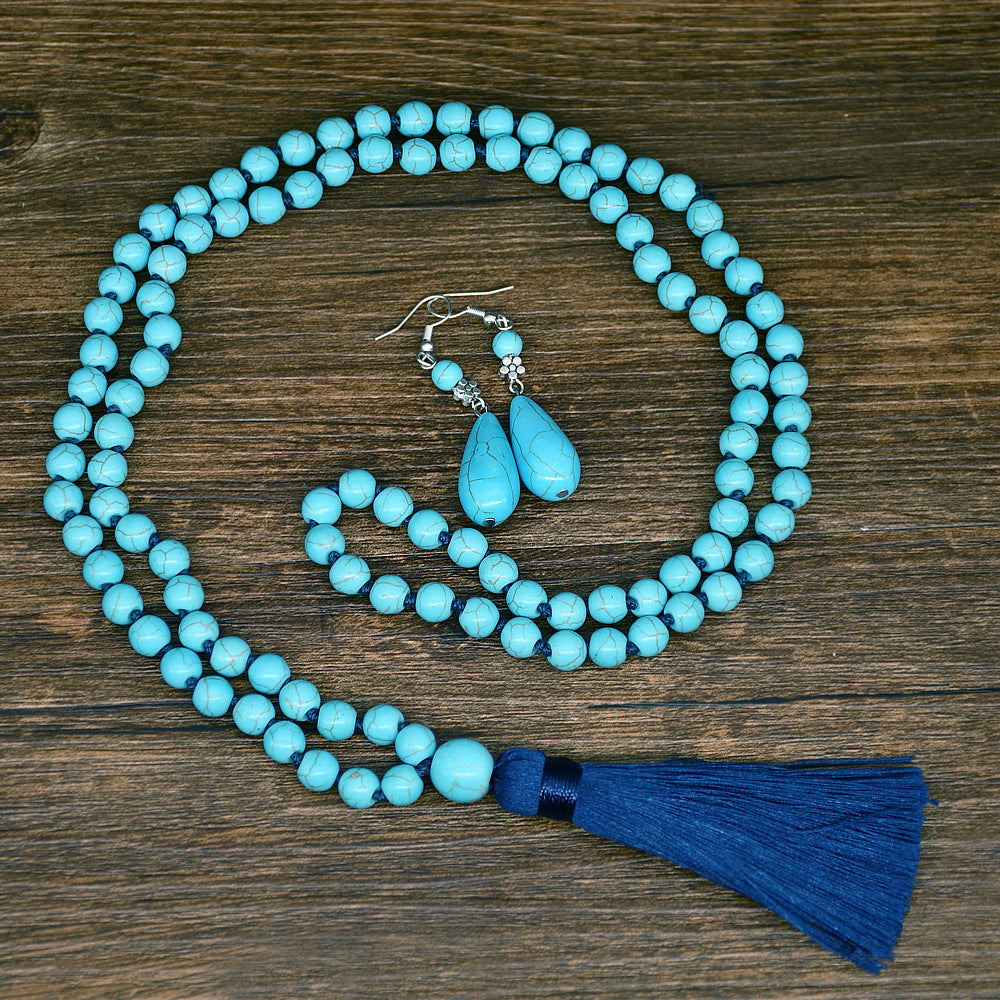 Retro Turquoise Jewelry Ethnic Style Necklace Earrings Ring Bracelet Combination Set