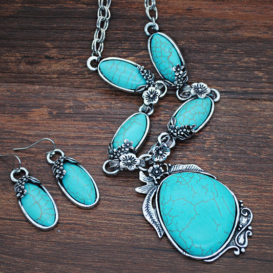 Retro Turquoise Jewelry Ethnic Style Necklace Earrings Ring Bracelet Combination Set