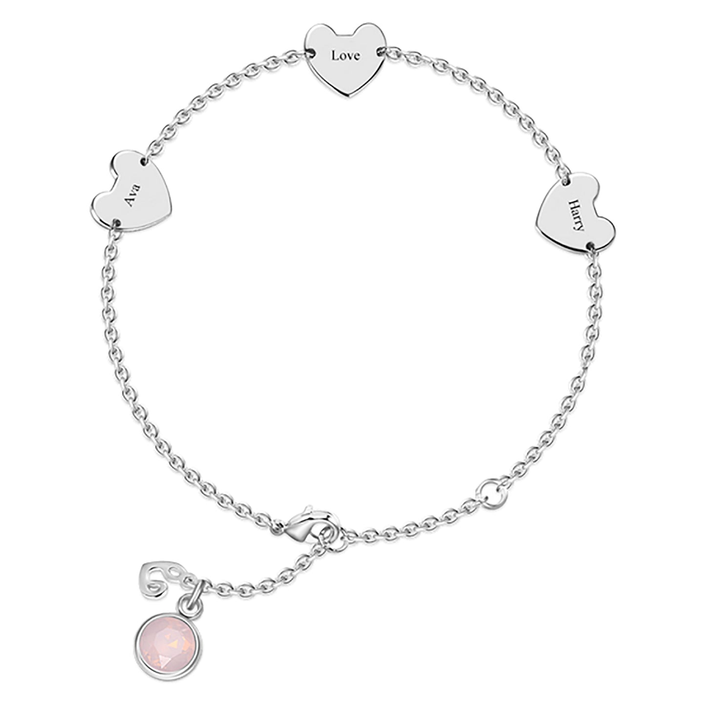 "Showcase Your Love with Our Engraved Three Hearts Bracelet - Customized with Birthstones and Length Adjustable for the Perfect Fit"
