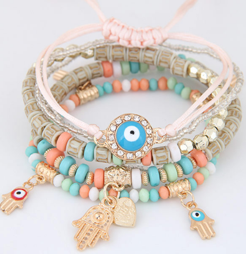 Hand Blue Evil Eye Heart Charm Bracelets & Bangles Multilayer Beads Turkish Pulseras For Women