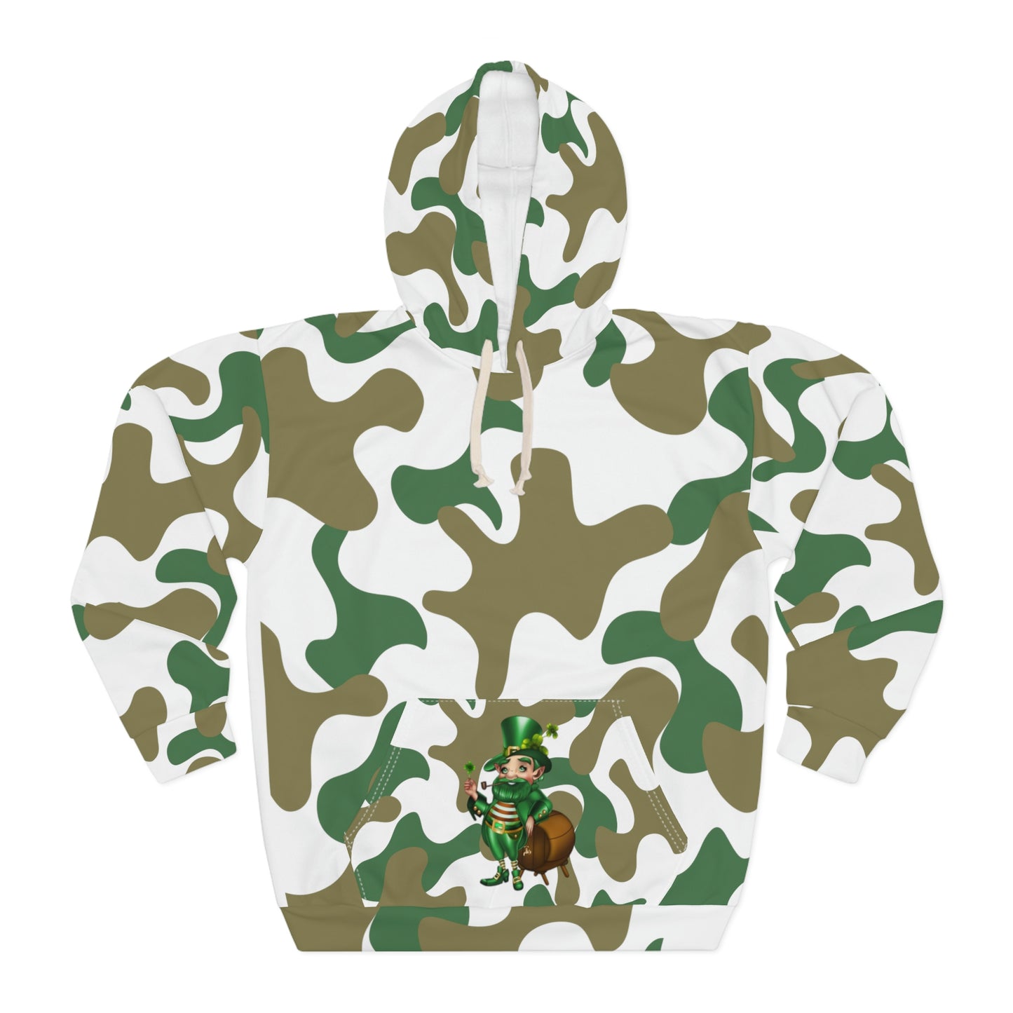 Hoodie White AOP Unisex Pullover Hoodie, Camouflage Hoodie, Green man Irish St. Patrick's Day ,For Men and Women