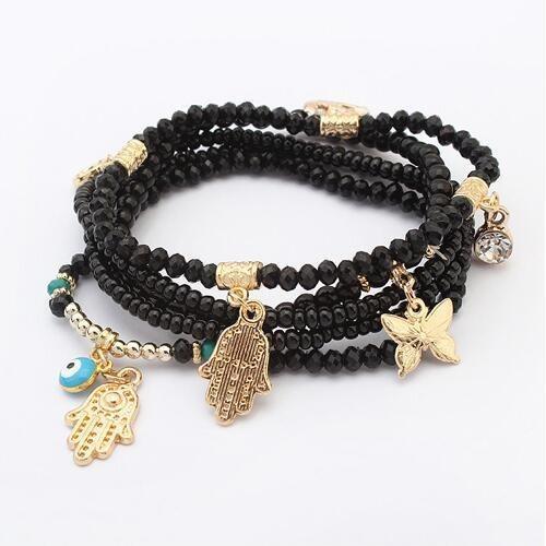 Lucky Kabbalah Hamsa Third Eye Butterfly Charm Multilayer Turkish Bead Bracelet