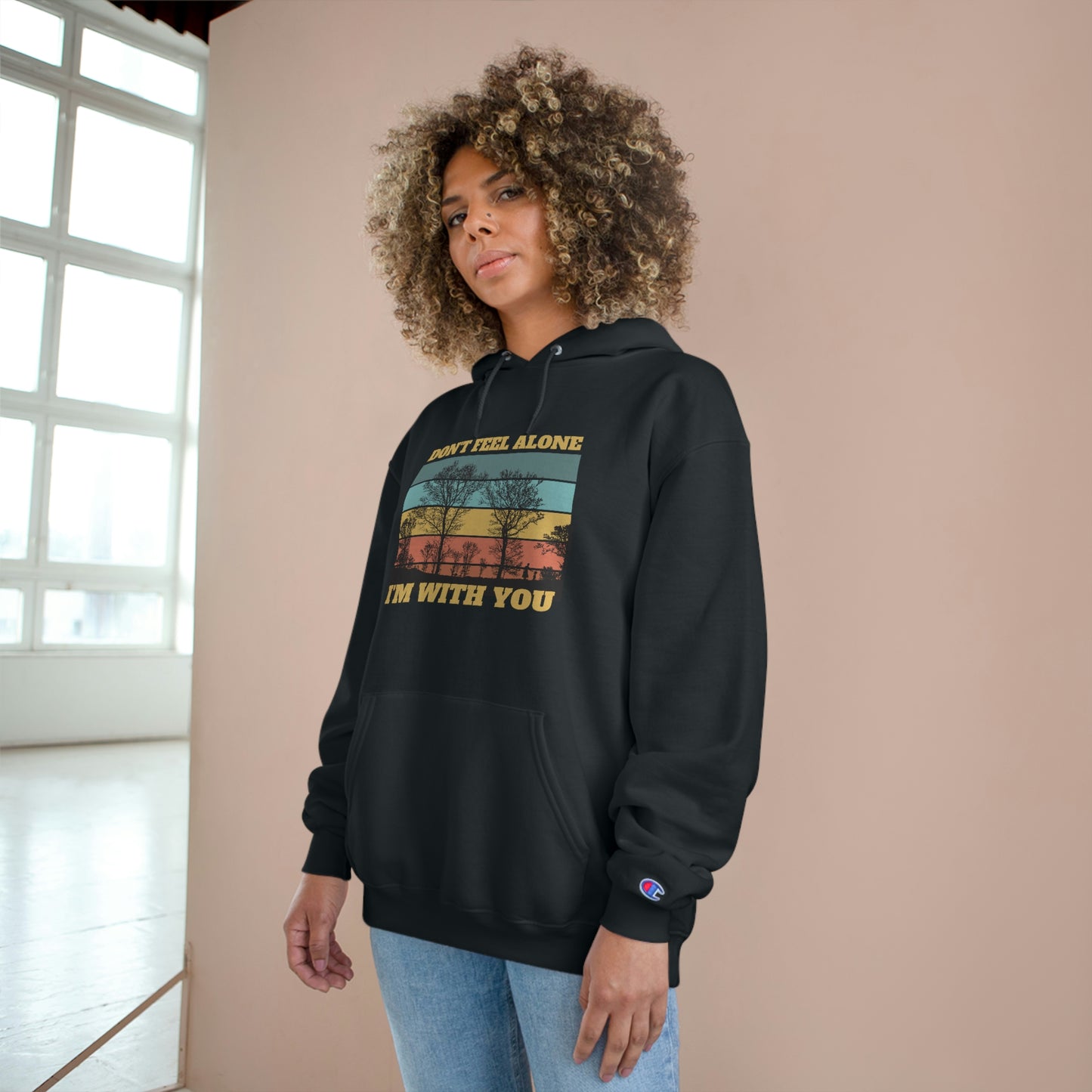 Stay Cozy and Connected with Konaloo's 'Don't Feel Alone I'm with You' Champion Hoodie - Perfect for Everyday Wear or as a Heartwarming Gift!