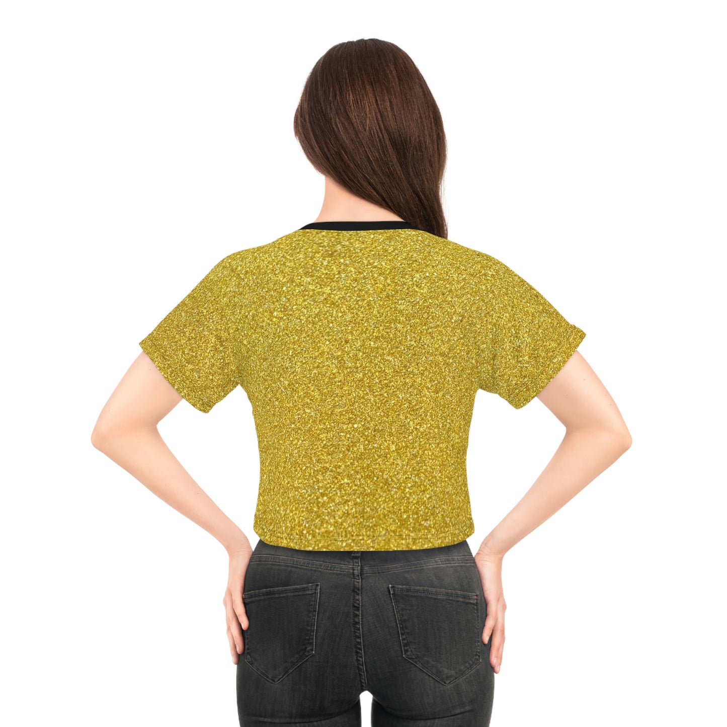 Women Black and Gold Pattern Short Sleeve Shirt Crop Tee