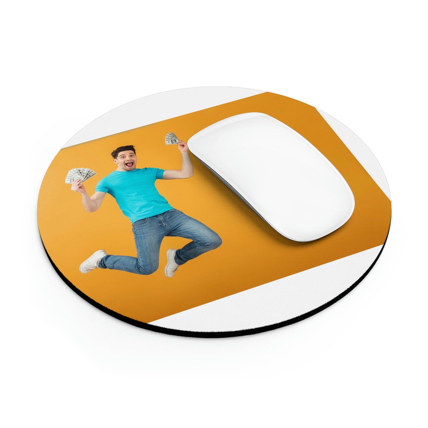 Get Your Finances Jumping with Joy: Circular Mouse Pad with Man Holding Money