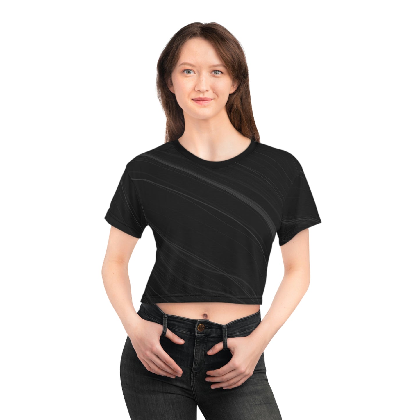 Women Black Pattern Short Sleeve Shirt Crop Tee