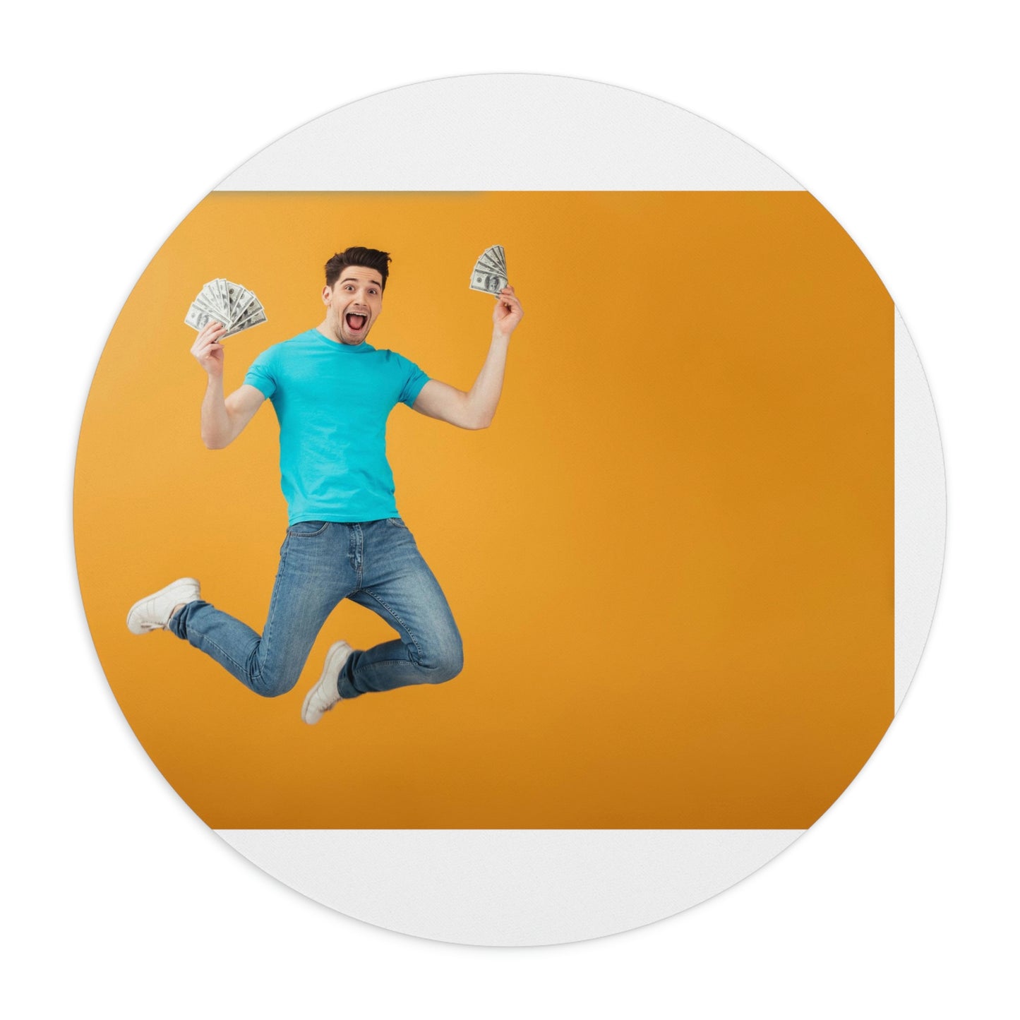 Get Your Finances Jumping with Joy: Circular Mouse Pad with Man Holding Money