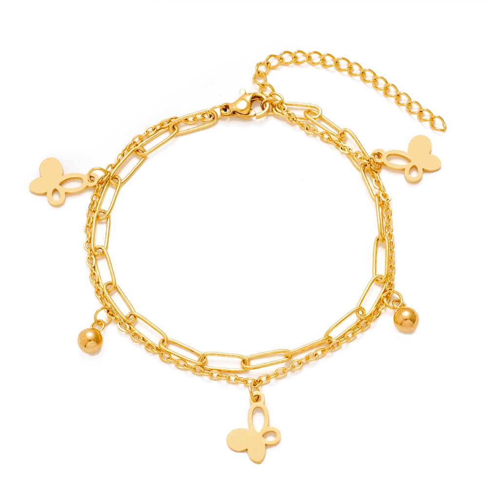 Double Layer Gold Stainless Steel Chain Bracelet Butterfly Heart Dog Paw Tree Of Life Charm Bracelets For Women