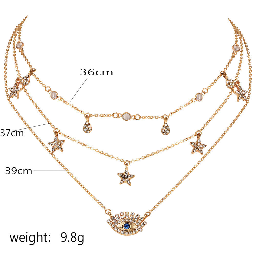 Bls-miracle Multilayer Necklace for Women Long Chain Turkish Eye Pendant Necklaces Trendy Crystal Star Water droplets Necklaces