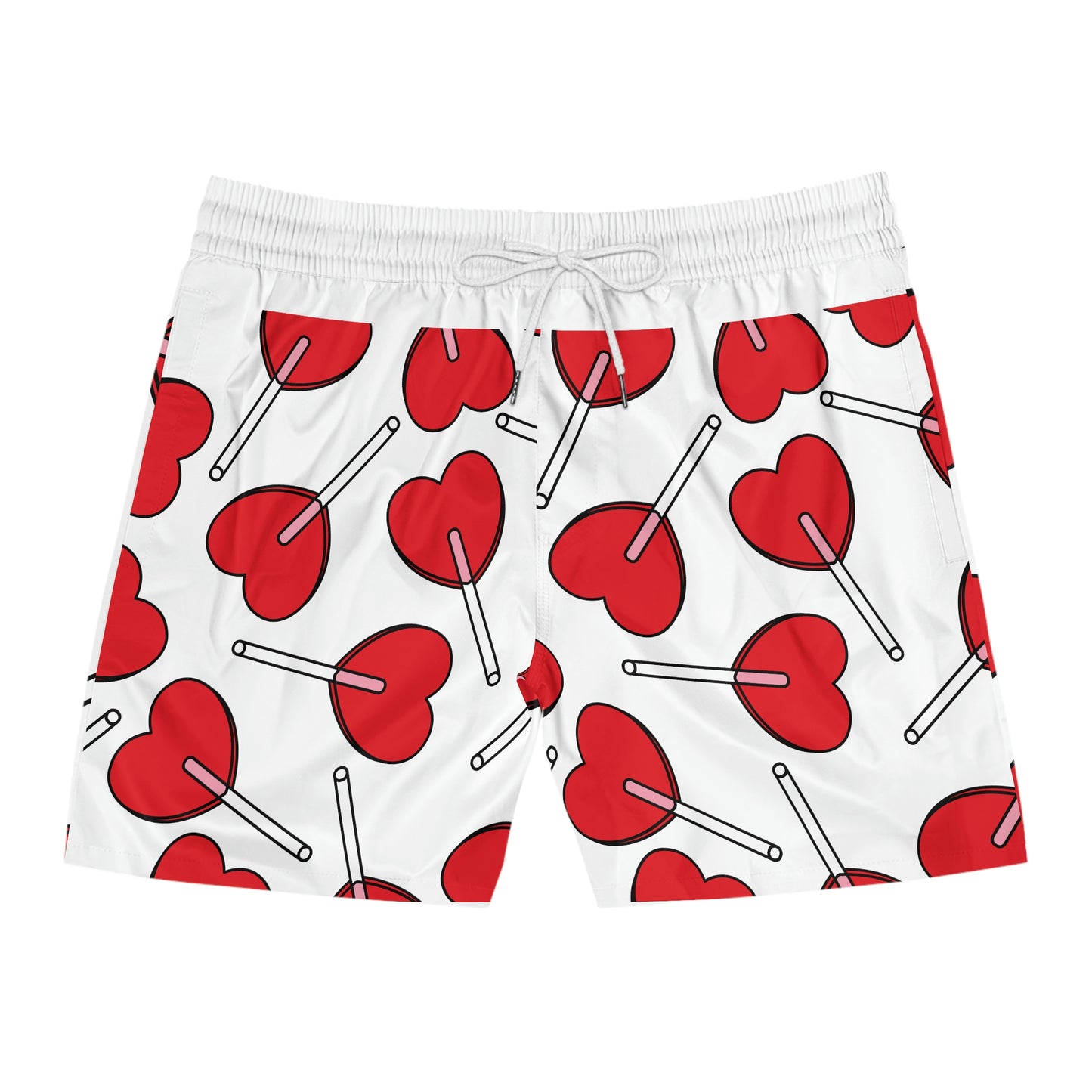 Sweet Swim: Men's Mid-Length Swim Shorts with Heart Lollipop Design