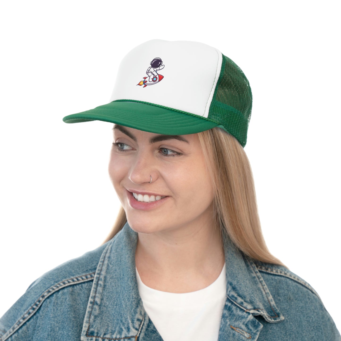 Hat Embark on a Cosmic Journey with Our Trucker Hat Featuring an Astronaut Riding a Spaceship