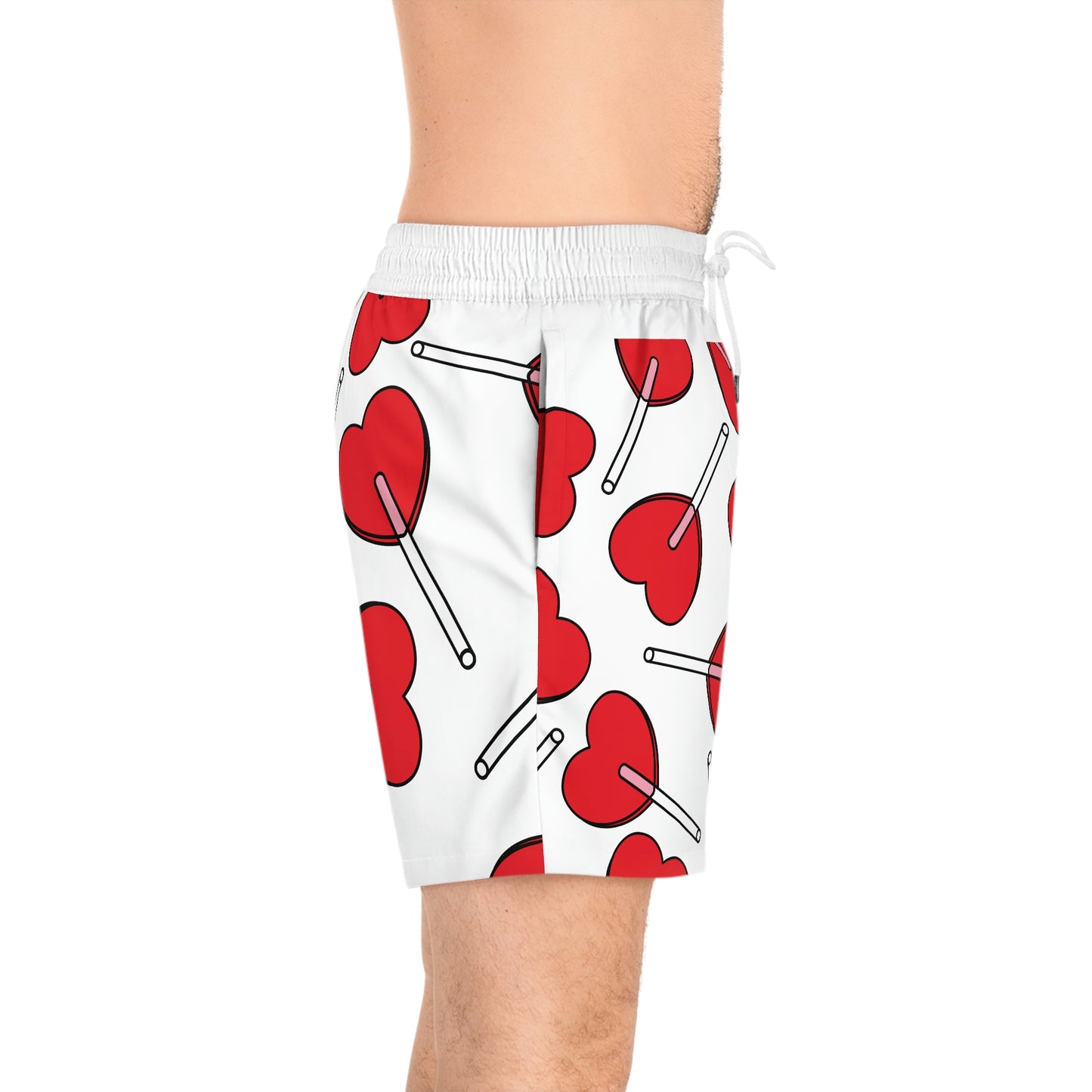 Sweet Swim: Men's Mid-Length Swim Shorts with Heart Lollipop Design