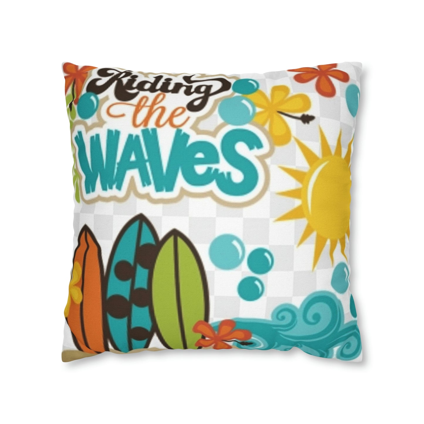 Turquoise Riding the wave Polyester Square Pillow | Spun Polyester Square Pillow Case | Surfboard | flower Décor pillow