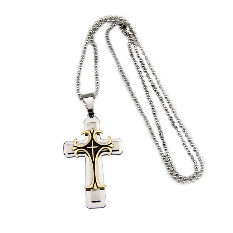 Necklace Cross Punk Double Layer Cross Men's Stainless Steel Pendant Necklace Golden Silver
