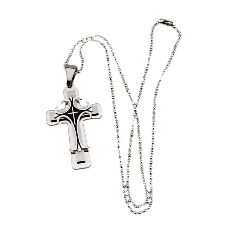 Necklace Cross Punk Double Layer Cross Men's Stainless Steel Pendant Necklace Golden Silver