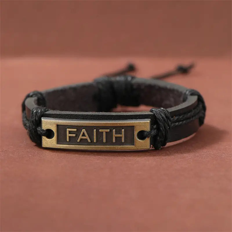 Bracelet Vintage Men's Black Leather Bangle Black Braided Rope Adjustable Wrap Bracelet (Faith)