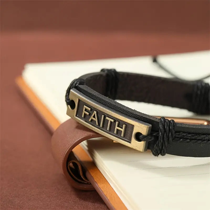 Bracelet Vintage Men's Black Leather Bangle Black Braided Rope Adjustable Wrap Bracelet (Faith)