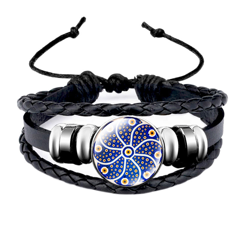 Turkish Blue Eye Glass Snap Button Leather Rope Chain Bracelet