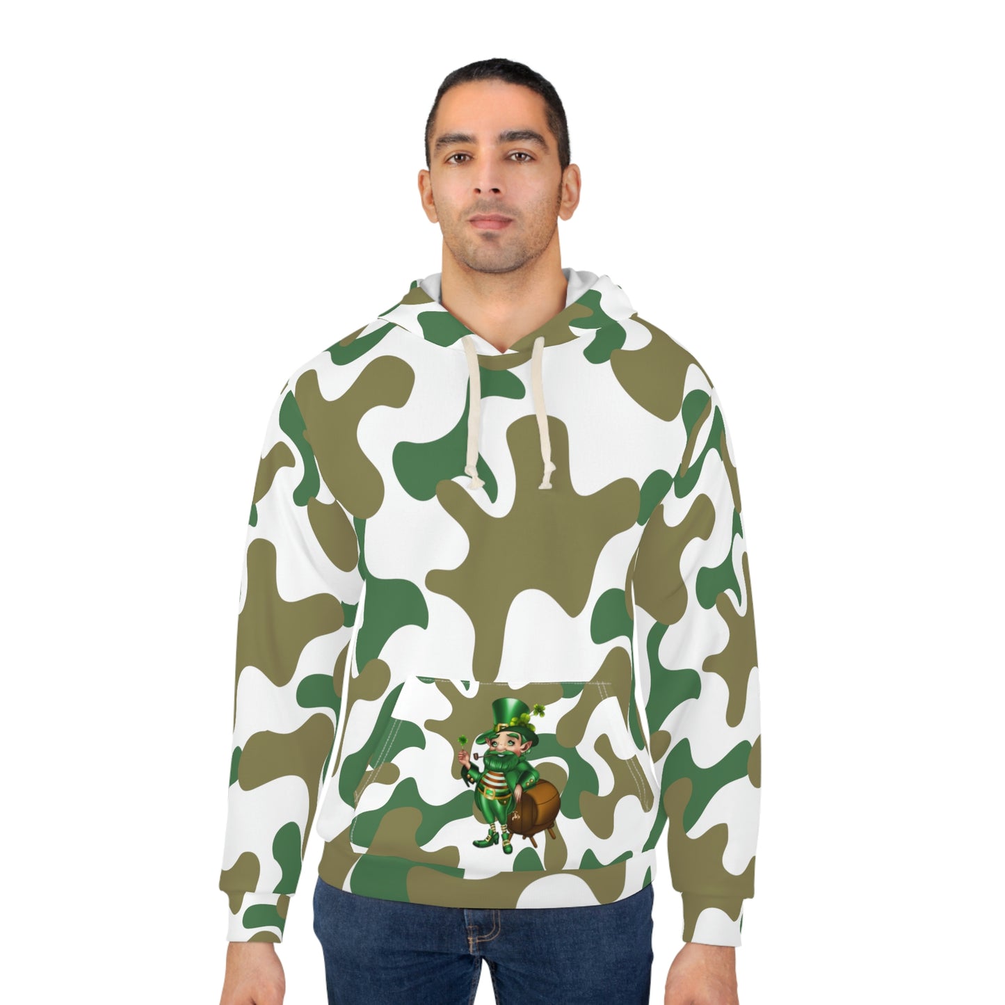 Hoodie White AOP Unisex Pullover Hoodie, Camouflage Hoodie, Green man Irish St. Patrick's Day ,For Men and Women