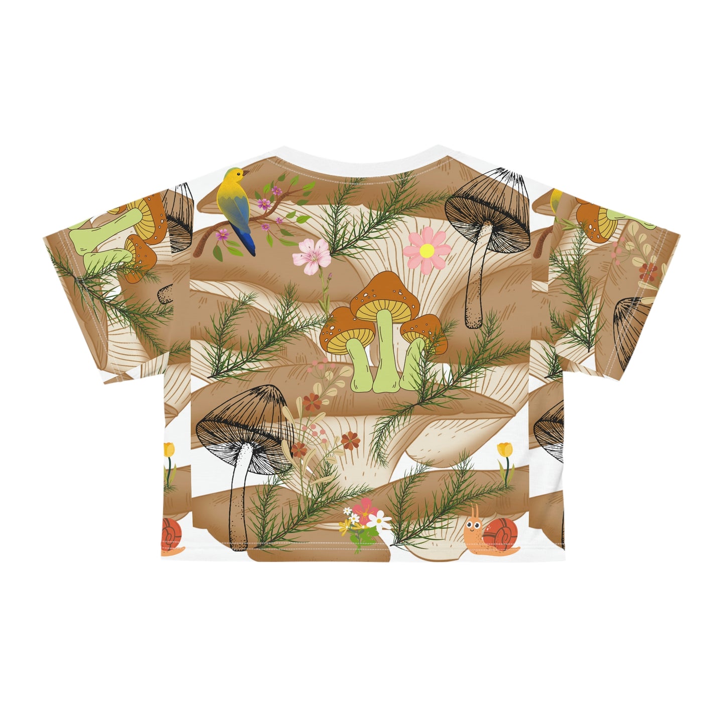 Bring Nature's Beauty to Your Wardrobe with a Women's T-Shirt Featuring Mushroom, Bird, and Flower Designs! AOP Crop Tee