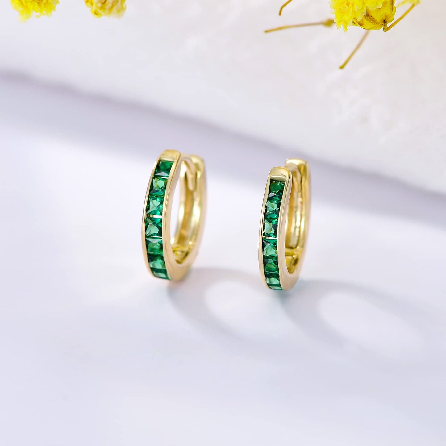 14K Gold Green Emerald Hoops Earrings for Women 11.5mm