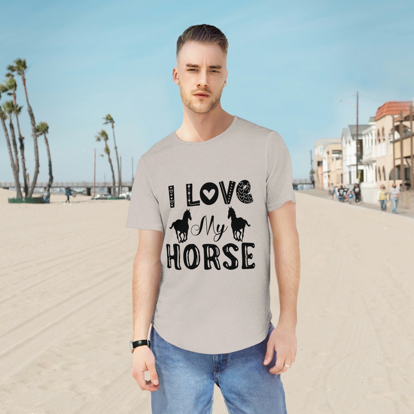 A  comfortable Shirt Show Your Love for Horses with Our Men's Jersey Curved Hem Tee - Perfect for Women and Adults