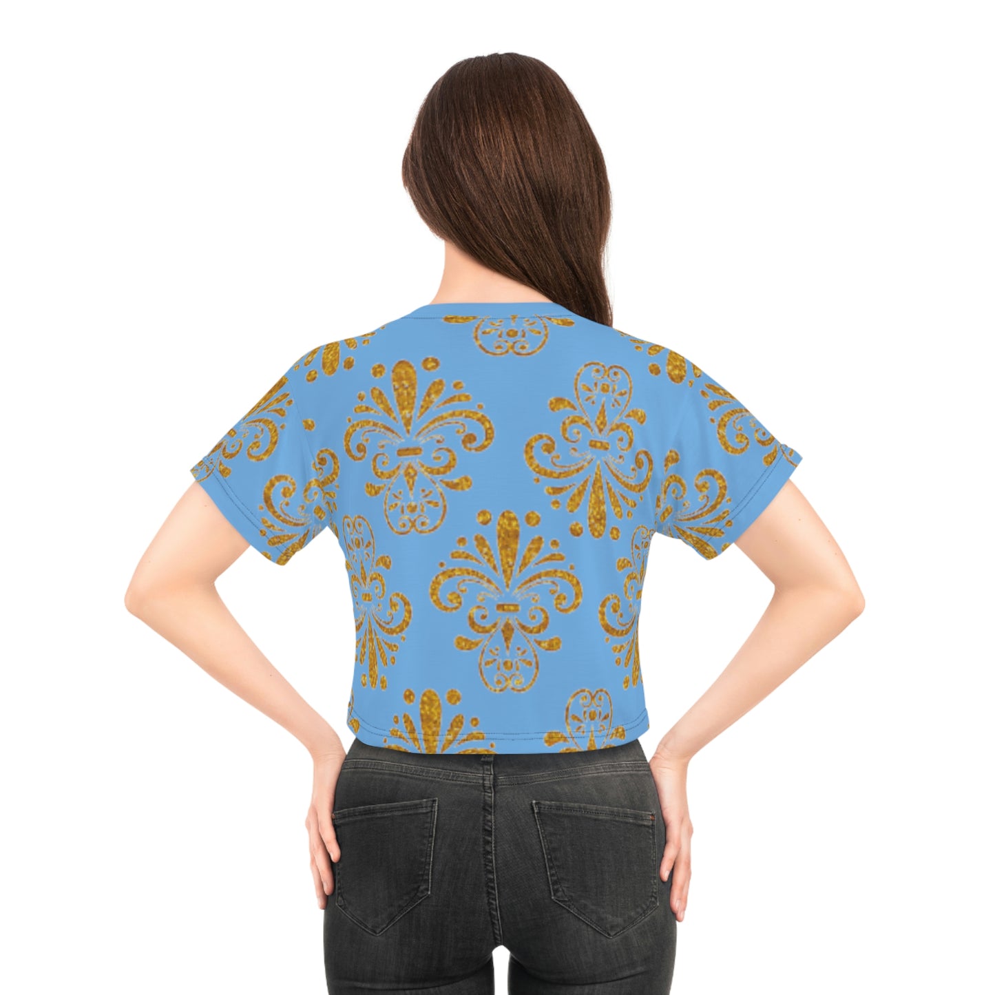 Women Blue and Gold Pattern Short Sleeve Shirt Crop Tee