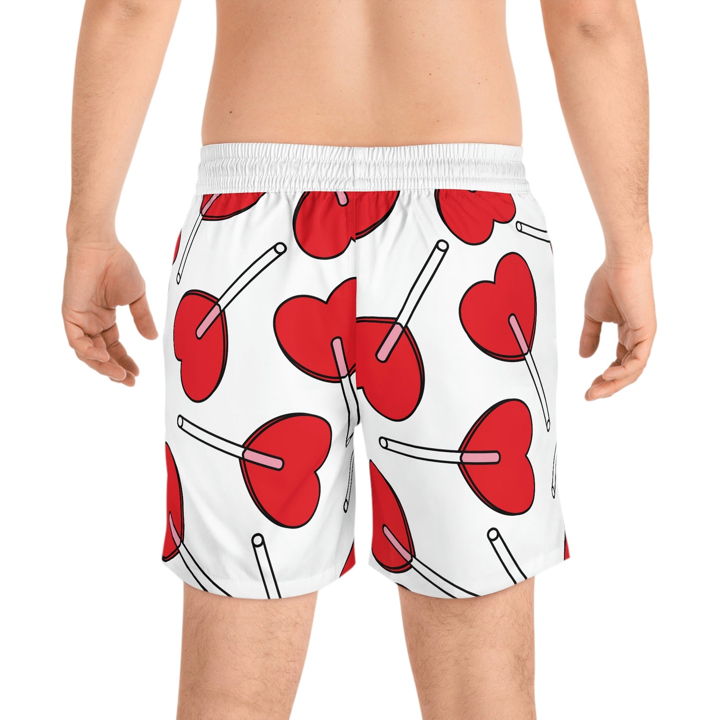 Sweet Swim: Men's Mid-Length Swim Shorts with Heart Lollipop Design