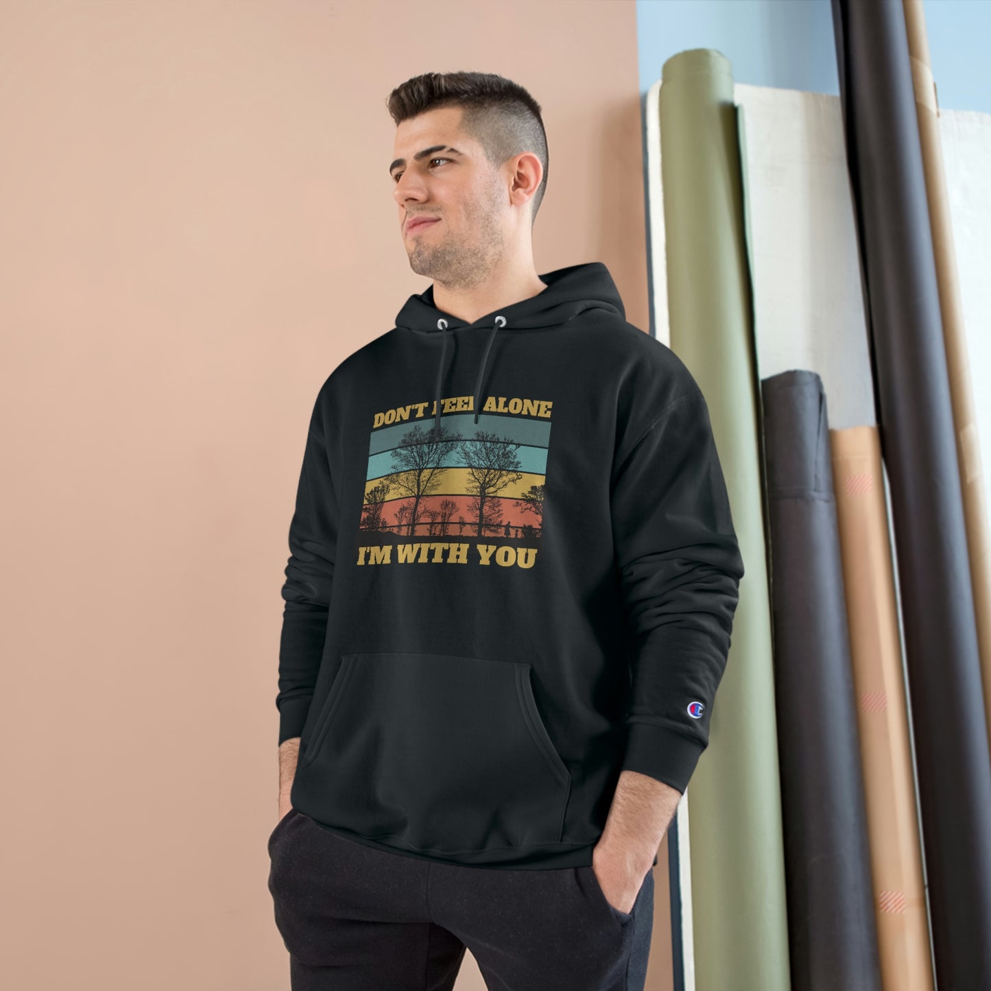 Stay Cozy and Connected with Konaloo's 'Don't Feel Alone I'm with You' Champion Hoodie - Perfect for Everyday Wear or as a Heartwarming Gift!