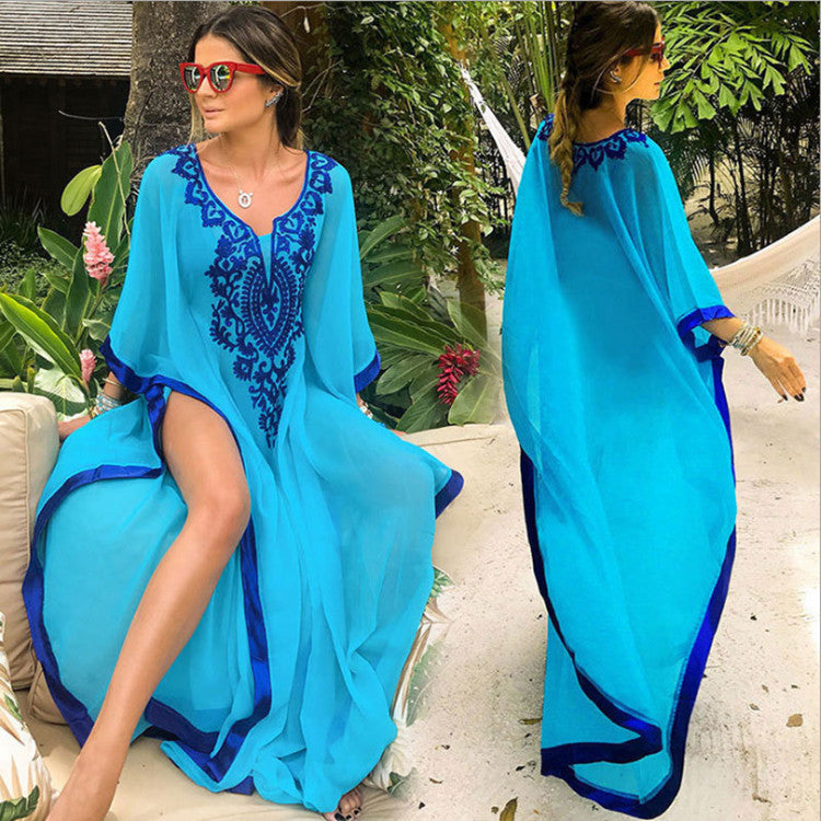 Chiffon Embroidered Beach Dress Loose Turkish Robe Style Bikini Cover
