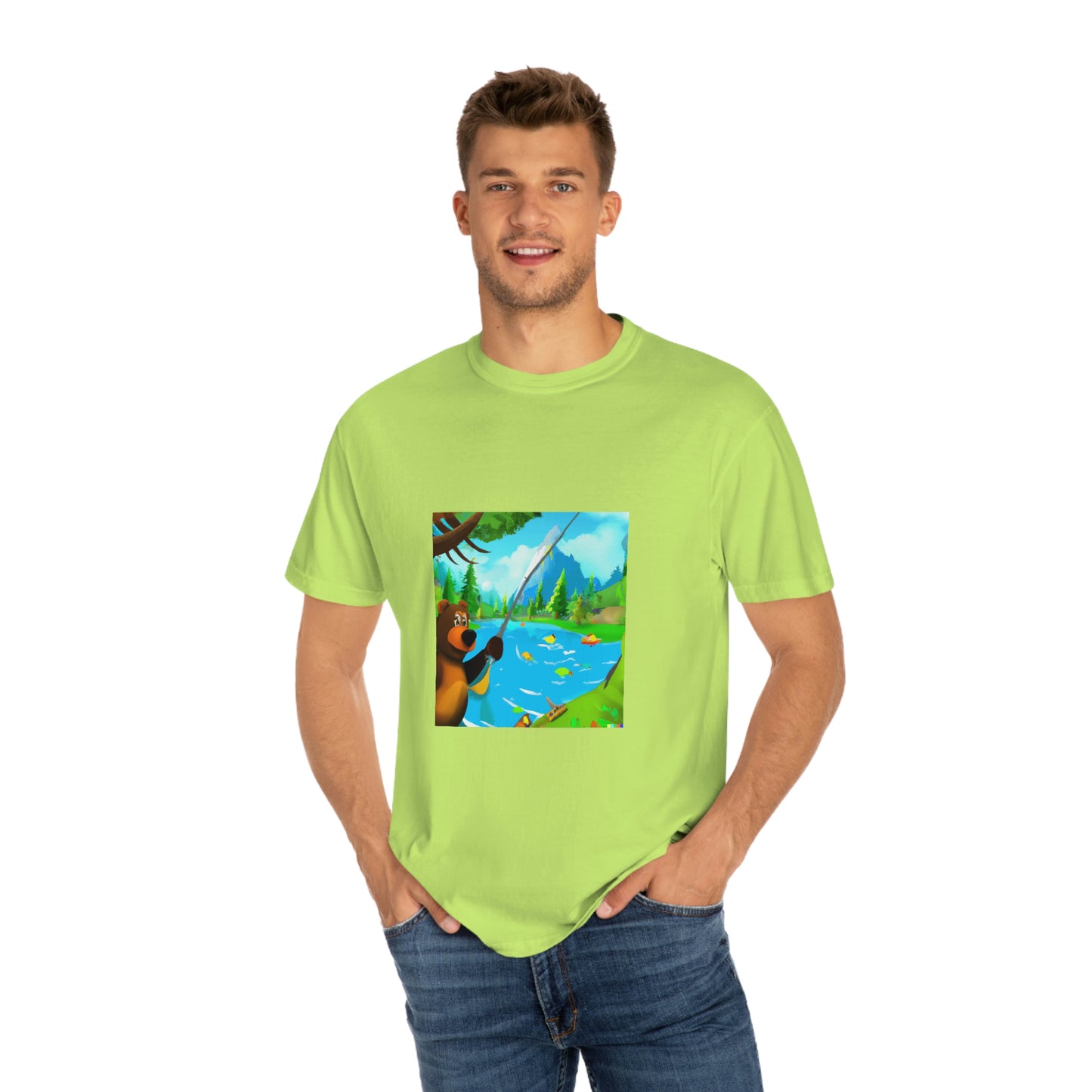 A Comfortable Tee  Get in Touch with Nature and Show Your Love for Fishing with Konaloo's Bear Fishing at Lake Garment-Dyed T-Shirt