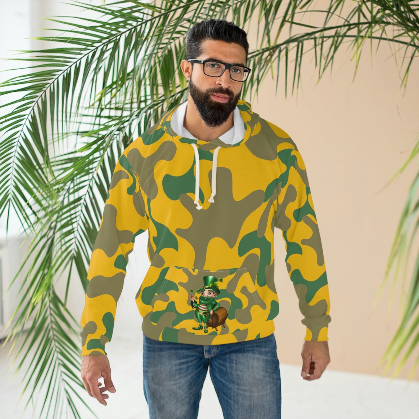 Hoodie Yellow AOP Unisex Pullover Hoodie, Camouflage Hoodie, Green man Irish St. Patrick's Day ,For Men and Women