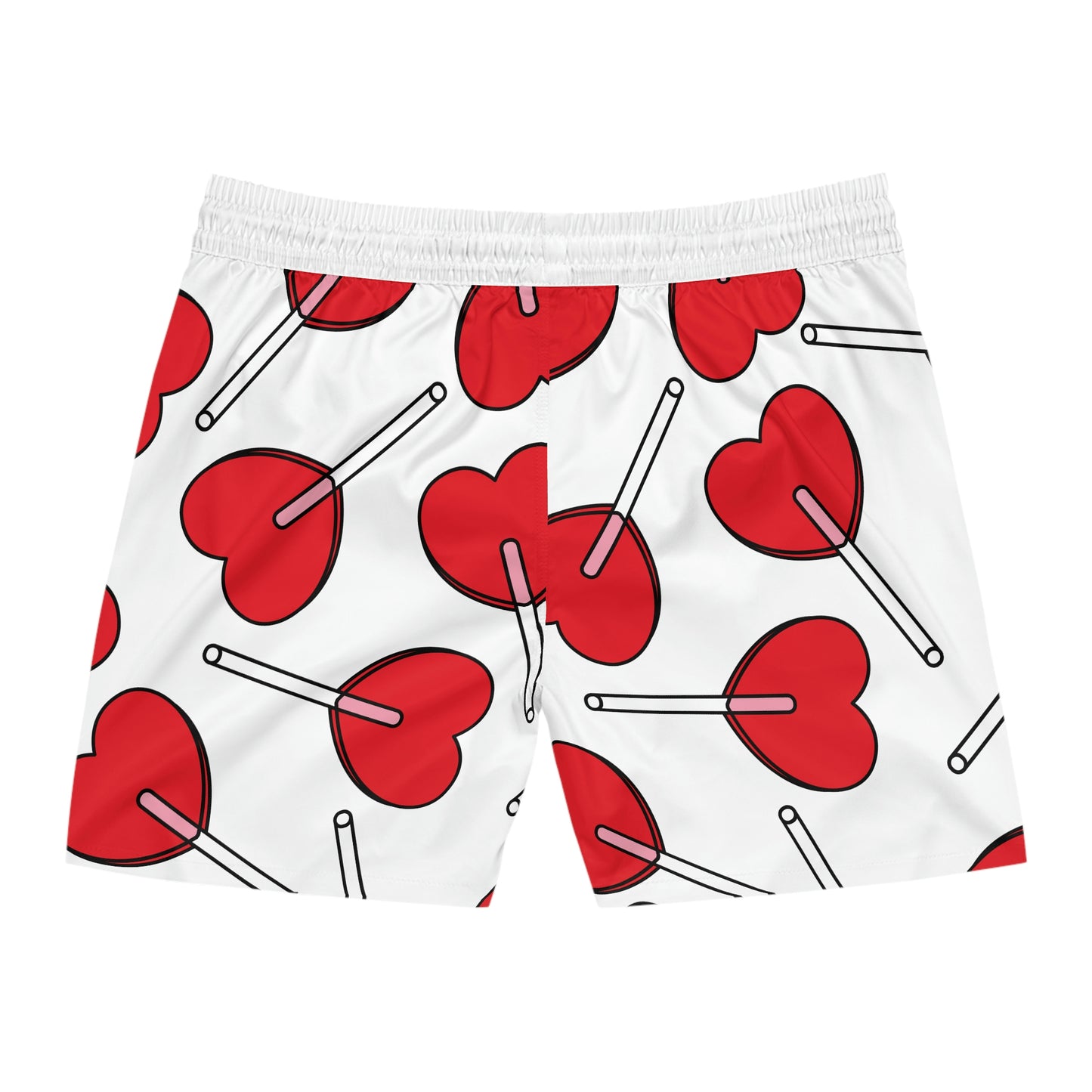 Sweet Swim: Men's Mid-Length Swim Shorts with Heart Lollipop Design